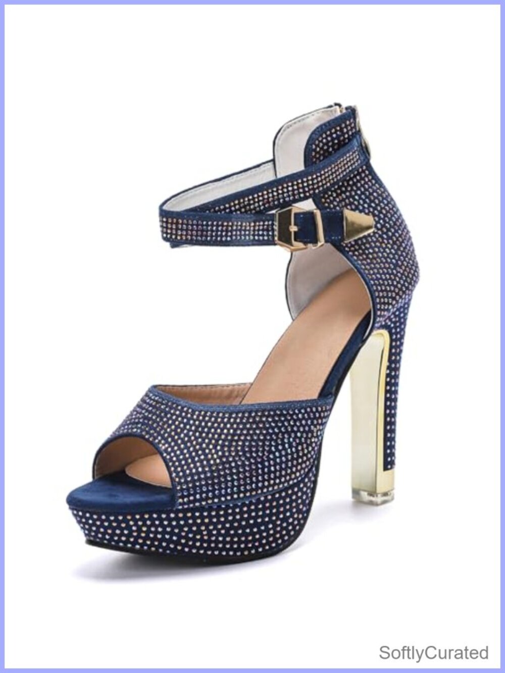 Women's Block High Heels Sandals Rhinestone Open Toe Ankle Strap Platform